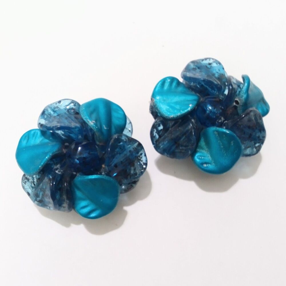 Vintage West Germany Blue Bead Cluster Clip On Earrings Signed W. Germany